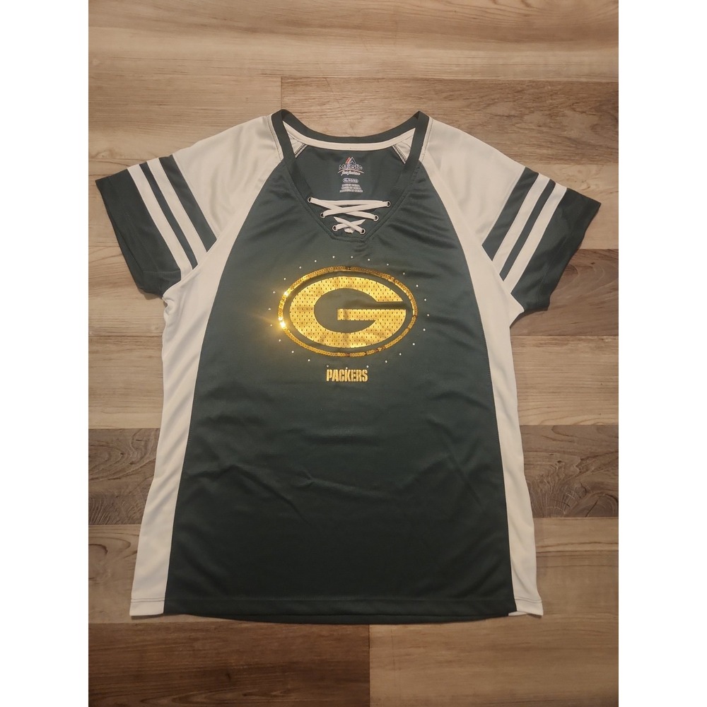Packers Majestic Fan Fashion Shirt Bedazzled Green Bay Womens XL Sequins Footbal